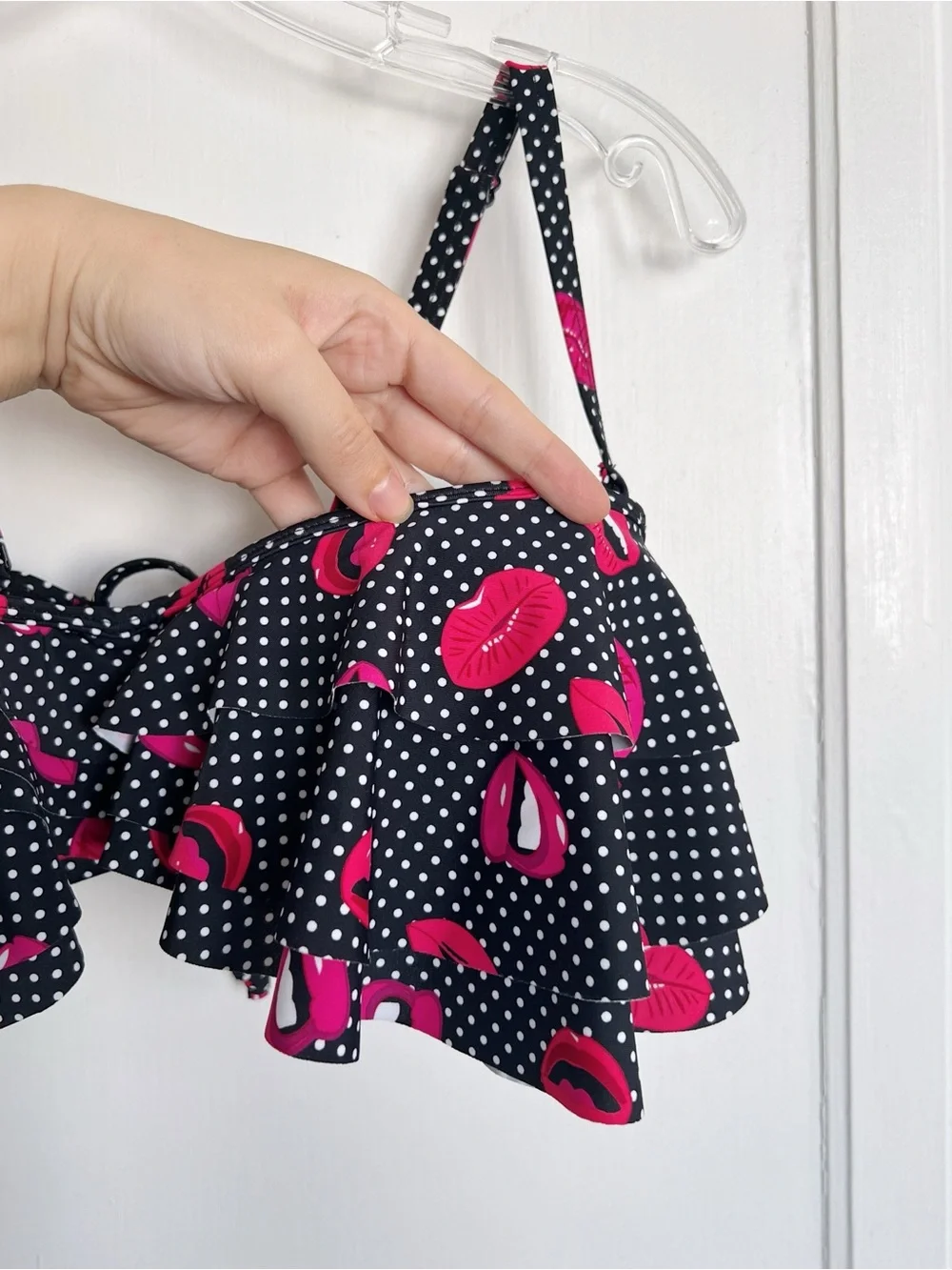 Unique Vintage • bikini swimsuit black polkadot lip print high waisted two piece